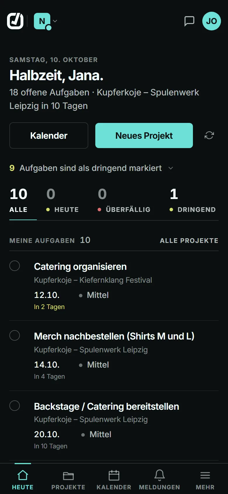 Startseite der App: offene, heutige, überfällige und dringende Aufgaben, darunter die eigenen Aufgaben mit Show und Frist