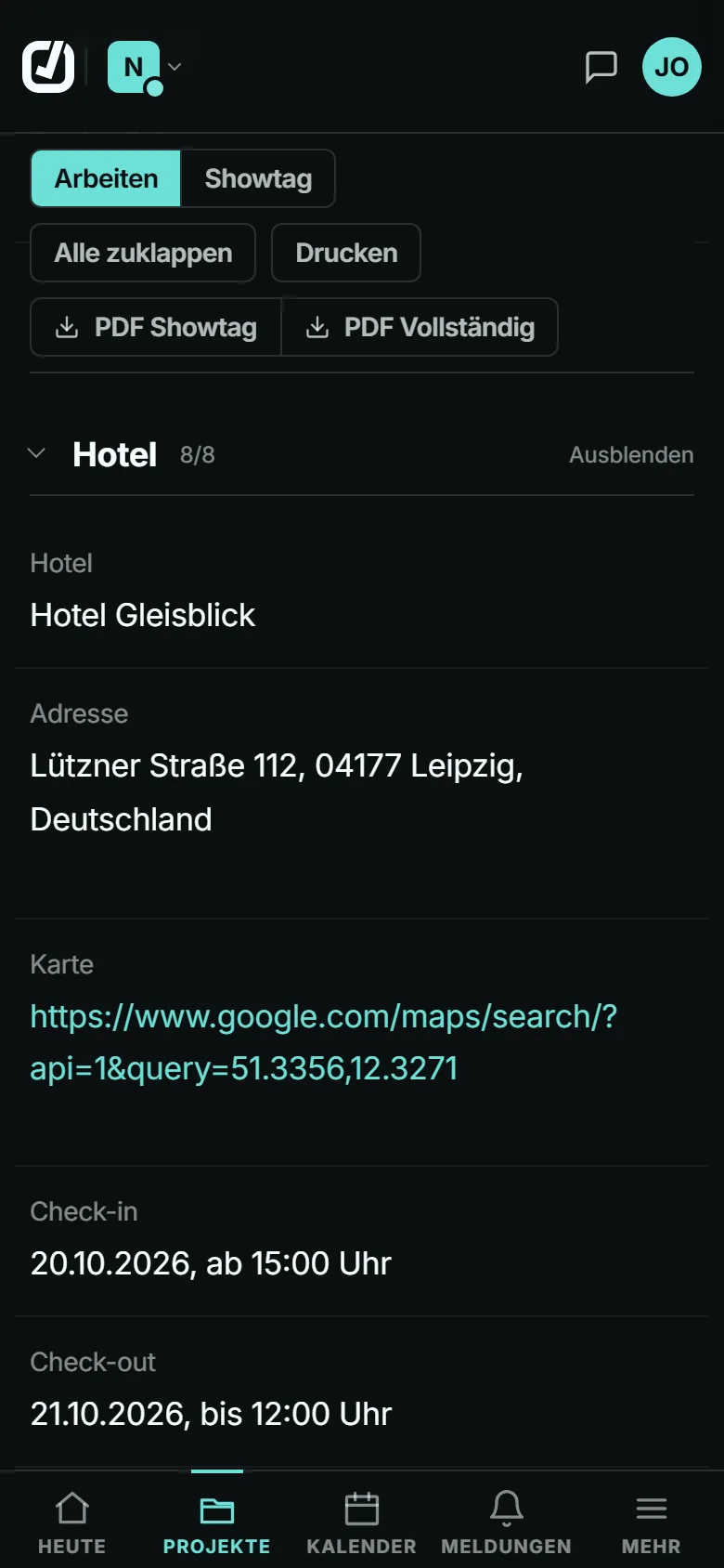 Day Sheet in der App: Abschnitt Hotel mit Adresse, Kartenlink, Check-in und Check-out