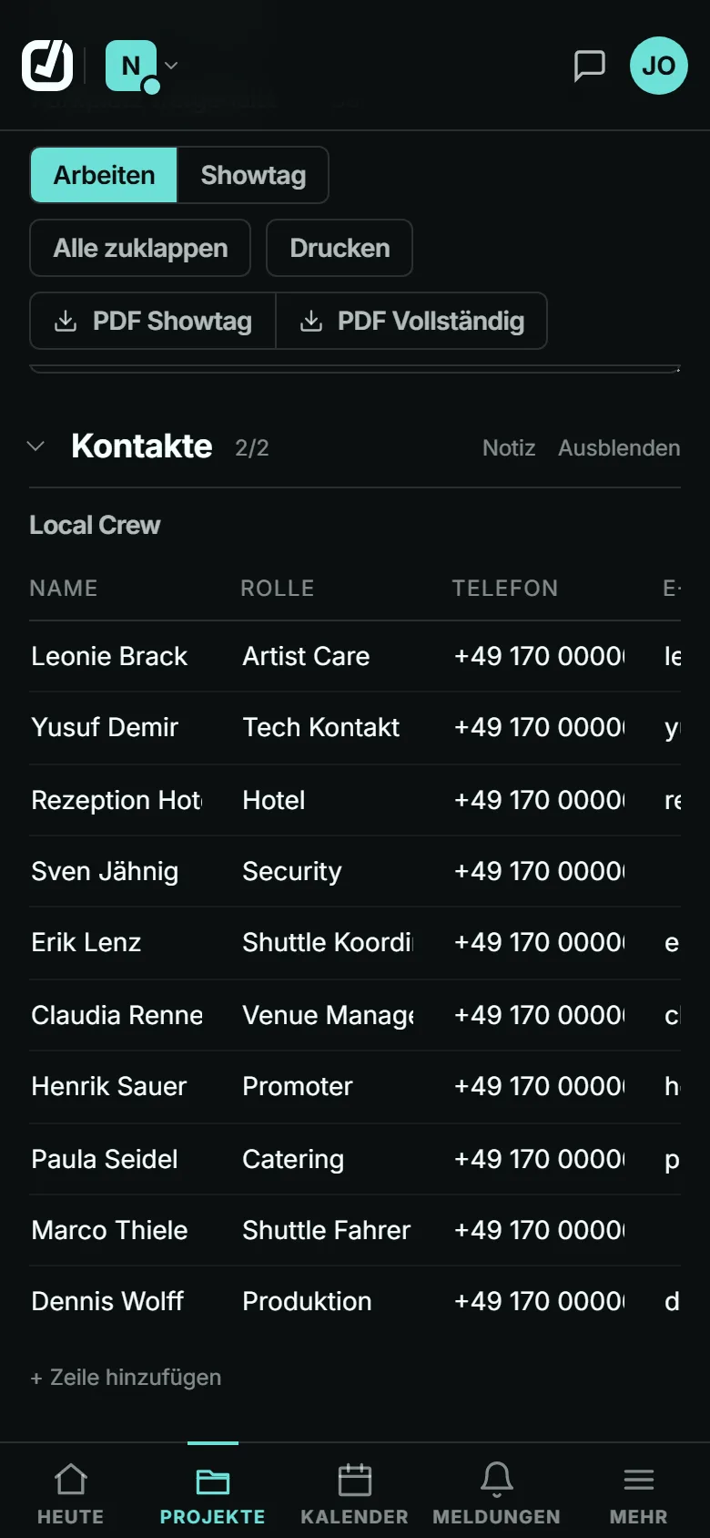 Day Sheet in der App: Local Crew mit Namen, Rollen und Telefonnummern