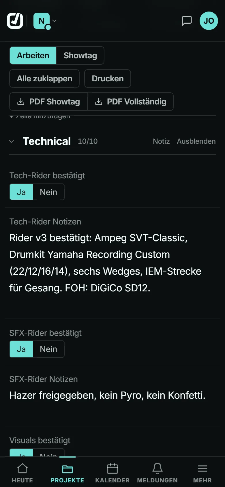 Day Sheet in der App: Abschnitt Technical mit bestätigtem Tech- und SFX-Rider und Notizen