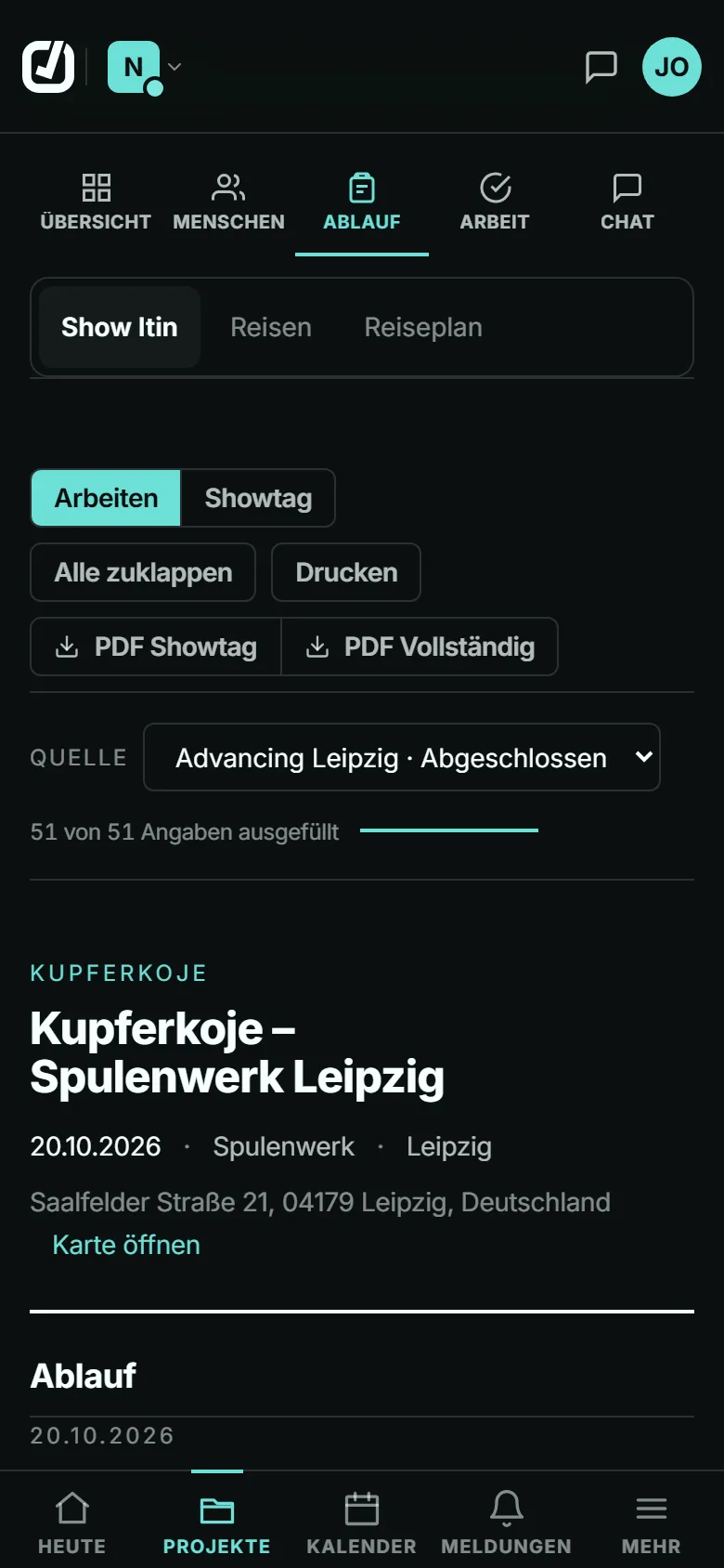 Day Sheet in der App mit Vollständigkeit der Angaben und Knöpfen für die beiden PDF-Fassungen