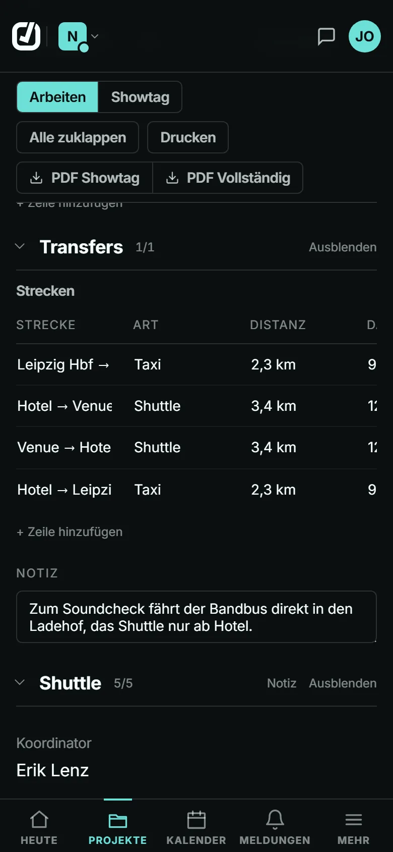 Day Sheet in der App: Tabelle der Transfers mit Strecke, Art und Distanz, darunter der Shuttle