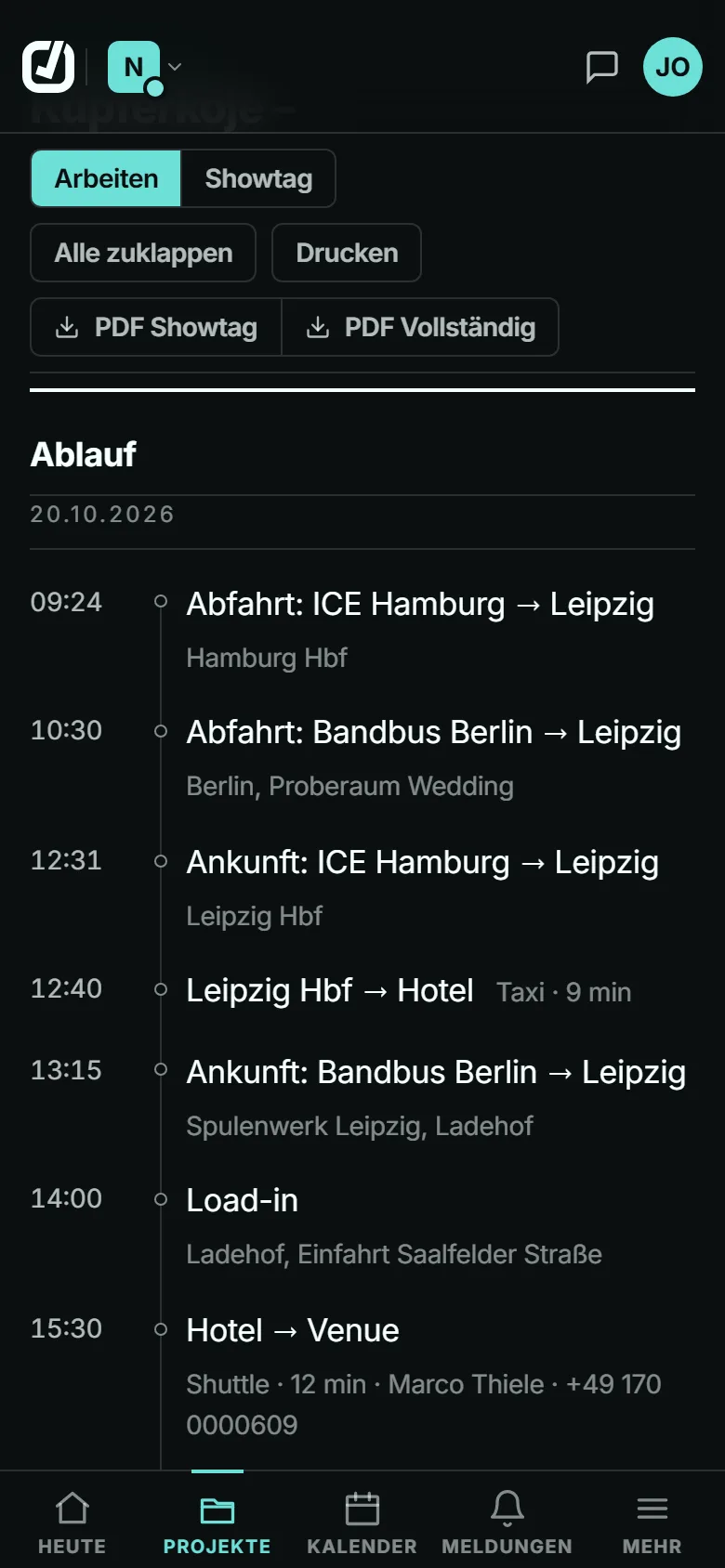 Day Sheet in der App: Zeitleiste des Showtags mit Abfahrten, Ankünften und Transfers