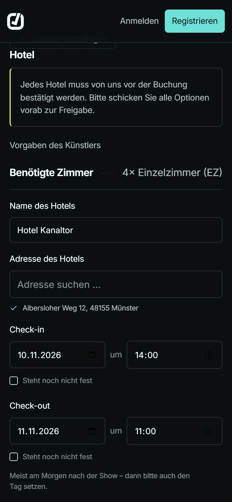 Fragebogen auf dem Telefon: Abschnitt Hotel mit den Zimmervorgaben des Künstlers, Check-in und Check-out