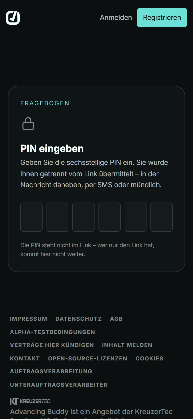 Fragebogen auf dem Telefon: Eingabe der sechsstelligen PIN, die getrennt vom Link kommt