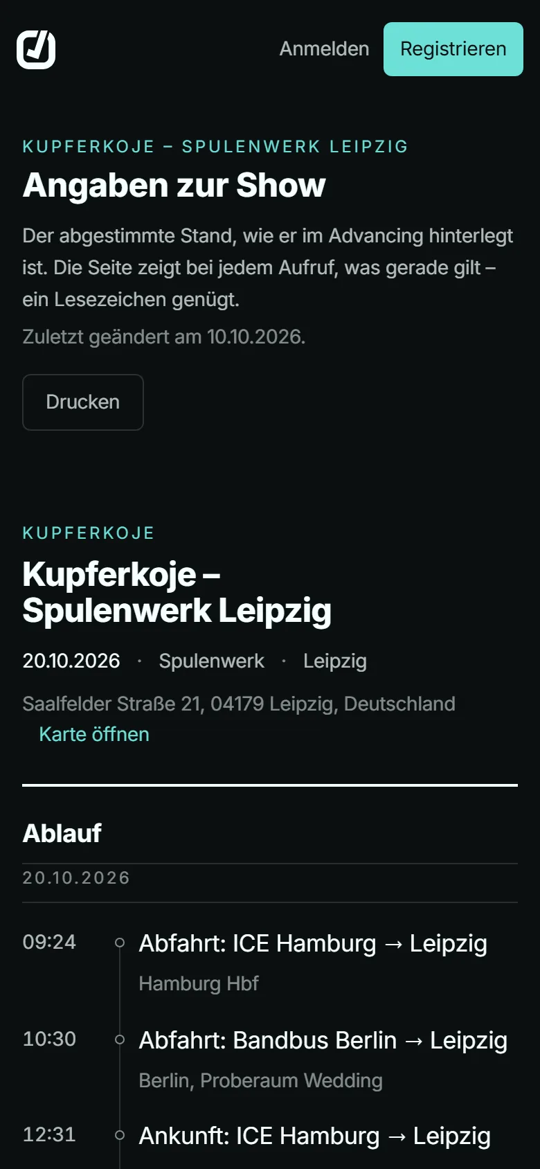 Freigabe-Link auf dem Telefon: Angaben zur Show mit Venue, Adresse und Zeitleiste, nur zum Lesen