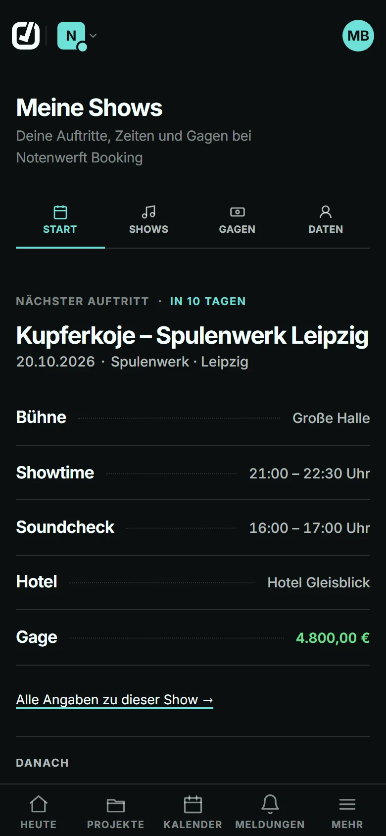 Meine Shows im Künstlerkonto: nächster Auftritt mit Bühne, Spielzeit, Soundcheck, Hotel und Gage