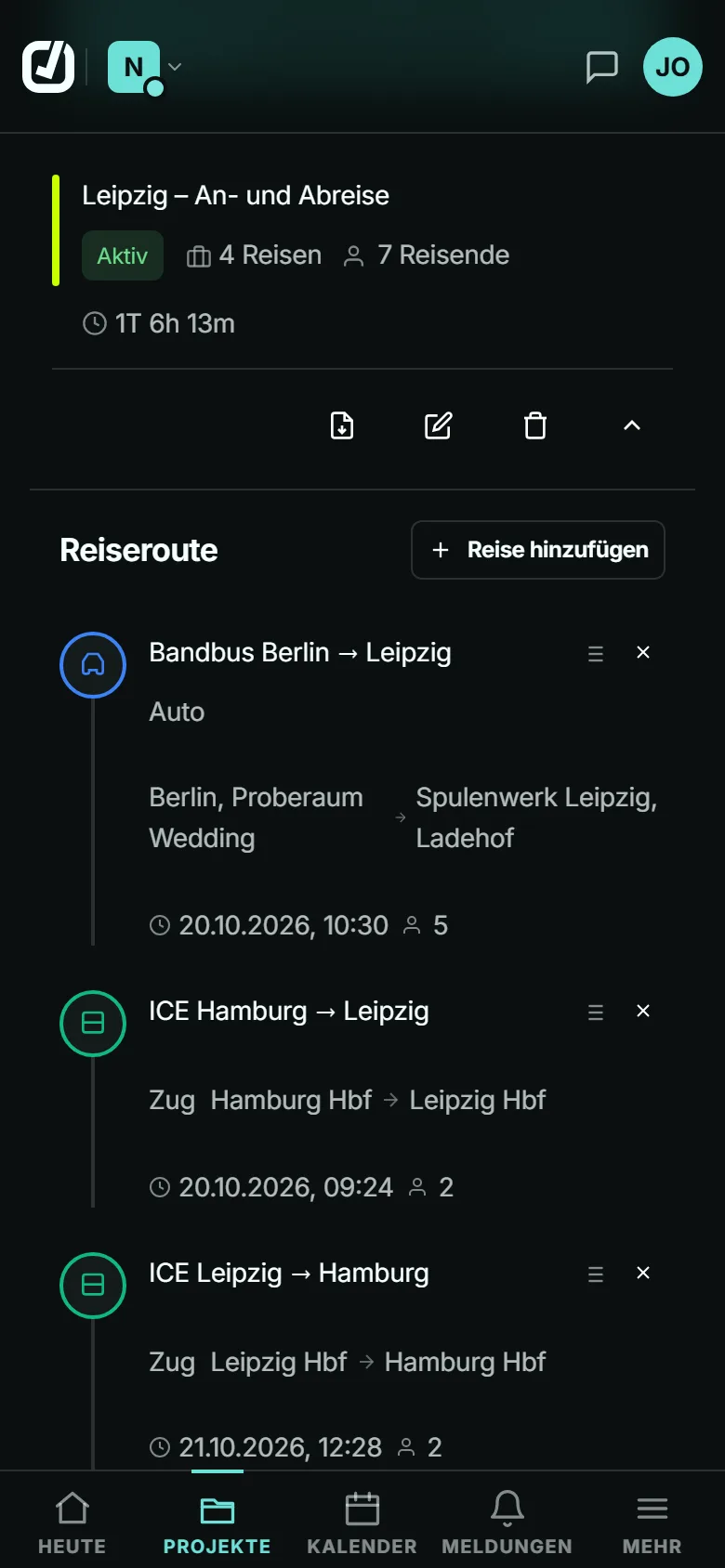 Reiseplan einer Show in der App: Bandbus und Zugfahrten mit Zeiten und Zahl der Reisenden