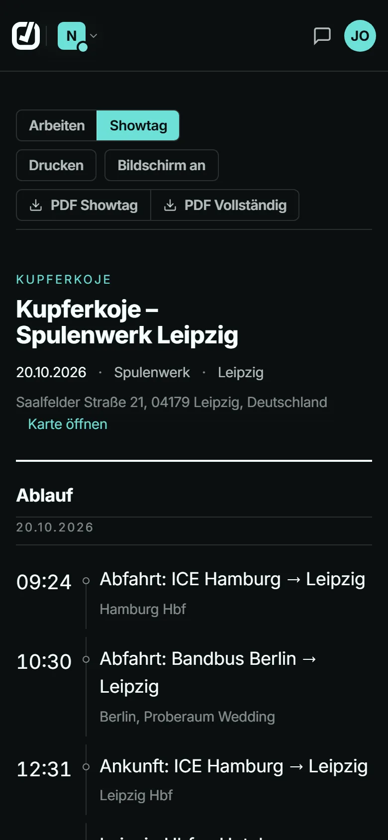 Showtag-Ansicht der App auf dem Telefon: Show, Datum, Venue mit Adresse und der Beginn der Zeitleiste